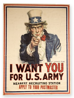 제1차 세계대전 참전 지원병 모집을 위한 미국 육군의 모병 포스터. '엉클 샘'이 근엄하고 강렬한 표정과 손짓으로 자원입대를 독려하고 있다.