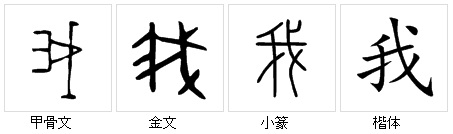 我의 자형변화 갑골문의 我는 용도가 다양한 창의 형상을 잘 보여주고 있으며 늘 분신처럼 들고 다니던 창은 '나'를 나타내는 의미로 확장되었다.