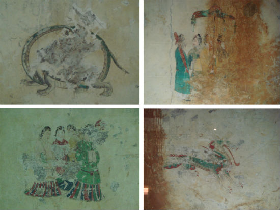 　　사진 왼쪽 위부터 무덤 속 북쪽 벽에 있는 현무, 동쪽 벽에 있는 남자 무리와 청룡, 그리고 여자 무리입니다. 비록 희미해서 보이지 않지만 청룡 위에는 해가 그려져 있습니다. 