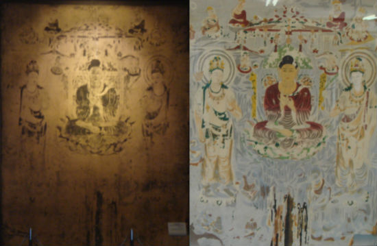 　　금당에 벽에 그려진 아미타삼존불로 오른쪽은 불에 타기 전 모습이고, 왼쪽은 불에 탄 뒤 모습입니다. 