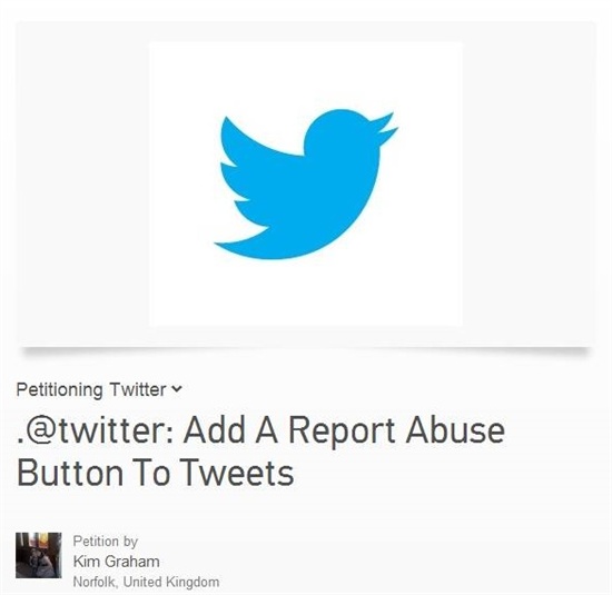  트위터에 한 번의 클릭으로 편리하게 비방 글을 신고할 수 있도록 해달라고 청원하는 글. 