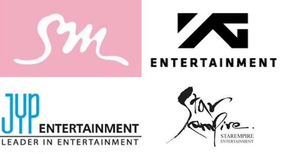  SM엔터테인먼트·YG엔터테인먼트·JYP엔터테인먼트·스타제국 로고