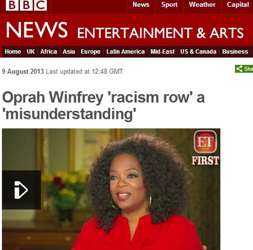 스위스에서 인종차별 경험을 당했다는 오프라 윈프리의 인터뷰를 보도하는 영국 BBC
