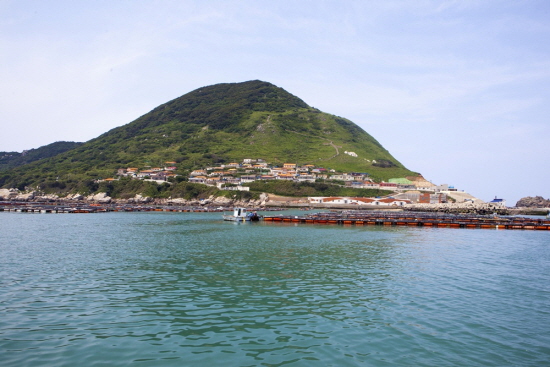 흑산도 비리 마을 쪽에서 바라다 보이는 장도  장도 앞바다에 가두리 양식장이 즐비하다. 