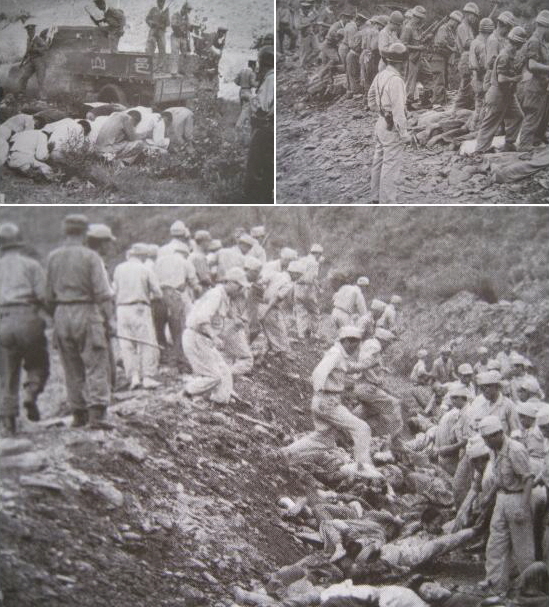  대전 산내 골령골 학살 현장 사진들. 위 왼쪽 차량적재함에 '논산읍' 글자가 보인다. 대전형무소 정치범들이 끌어내려지고 있다. 위 오른쪽 길게 파놓은 구덩이 둔덕 위 재소자들을 엎드리게 하고 등 뒤에서 헌병들이 총을 쏠 준비를 하고 있다. 아래 사진 민간 청년단원들이 구덩이의 시신들을 정리하고 있다. 