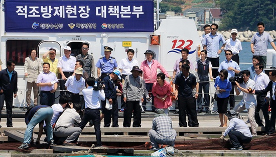 박근혜 대통령은 13일 경남 통영을 찾아 적조 피해를 입고 있는 어민들을 위로하고 적조 방제 관계자들을 격려했다.