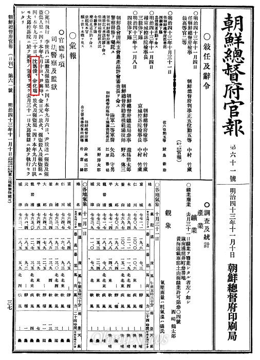 100년전 경남 거창, 합천 일대에서 의병 활동을 하다 체포되어 사형을 언도 받았던 김화서.심낙준 선생의 사형 집행을 기록해 놓은 <조선총독부관보>(1943년 11월 10일자)다.