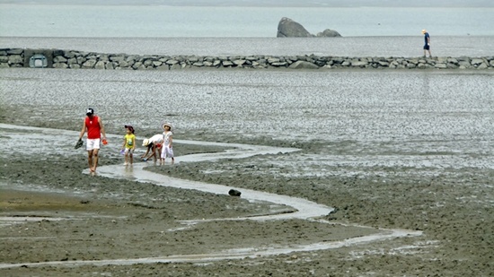 썰물의 바닷가에 생겨난 갯골을 따라 산책하는 사람들, 서해바다만의 묘미다. 뒤로 보이는 것은 독살(돌살)이다. 