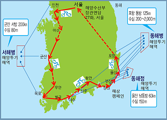 해양투기해역 위치와 SOS 자전거 캠페인 진행 코스(실선은 자전거로, 점선은 차나 배로 이동했다).