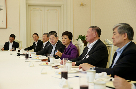 박근혜 대통령이 2013년 8월 28일 청와대에서 열린 대기업회장단과의 오찬에서 인사말을 하고 있다.