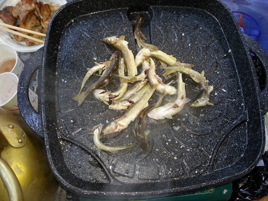 매운탕용 양념을 준비하지 않았다면 잡은 물고기를 살 구이용 판에 구워 먹는것도 일품이다.