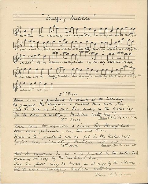 1895년 밴조 패터슨이 쓴 시에 여성 작곡가 크리스티나 맥퍼슨이 지은 곡을 얹어 완성한 왈칭 마틸다의 원본 악보. 