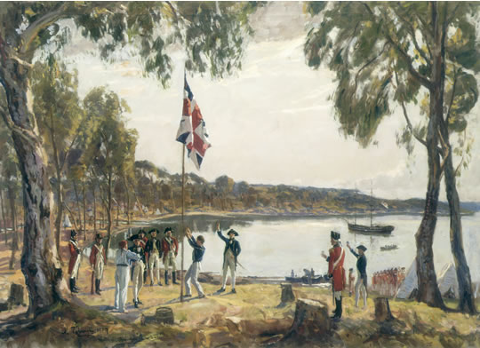 1787년 1월 26일 오늘날의 시드니 항 인근에 유니온 잭을 게양하고 영국의 식민지로 공표하는 아더 필립 대령, 호주는 이날을 건국일(Australian Day)로 기념하고 있습니다. 
