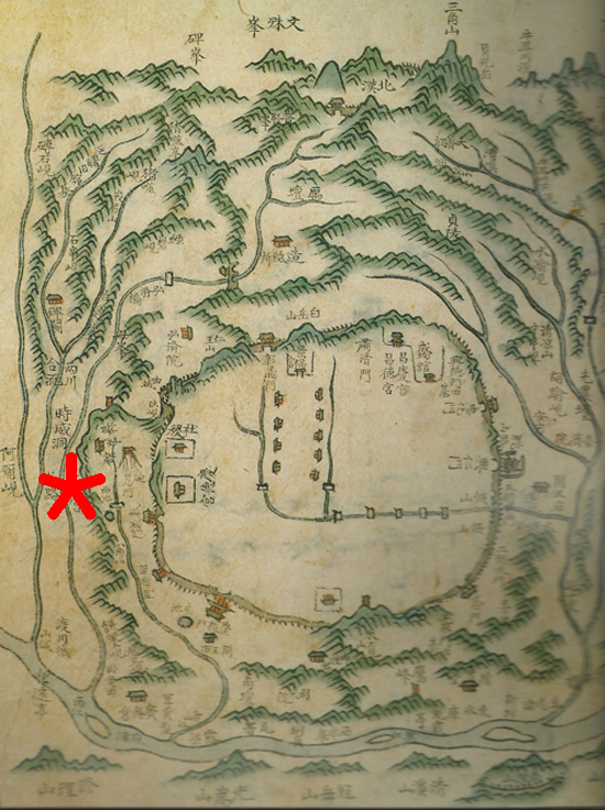 1720년대에 제작된 <도성도>에 표시된 연희궁(별표). 연희궁은 연희동에 있었던 별궁이다. 가운데의 직사각형 공간은 한성이다. 