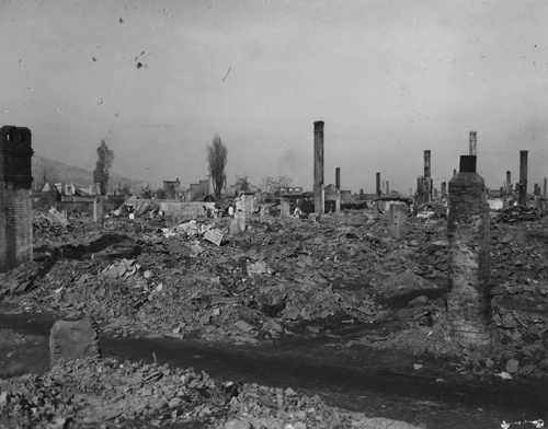 유엔군의 폭격으로 도시 전체가 파괴되고 건물의 기둥과 굴뚝 일부만 남아 있다(1950. 11. 20.).