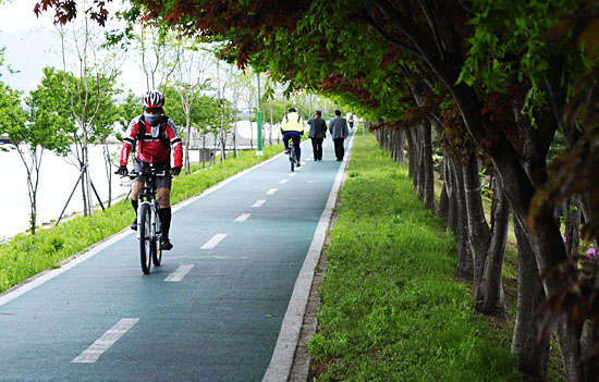춘천시 의암호 자전거 순환도로. 자전거 여행자와 산책을 나온 보행자들이 많이 지나다니는 길이라 종종 사고에 발생하는 곳이다.