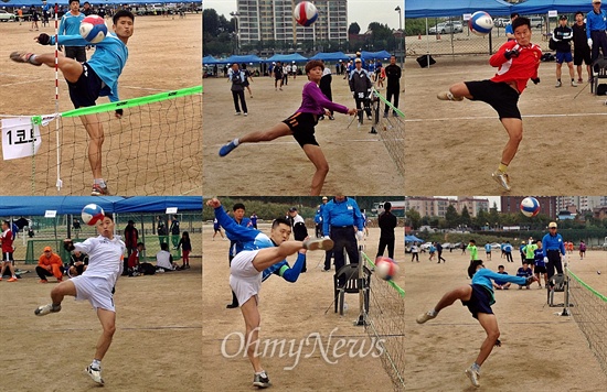  제11회 <오마이뉴스> 전국 직장인 족구대회가 28일 서울 마포구 망원유수지 체육공원에서 열렸다. 대회에 참가한 선수들이 멋진 자세로 공을 차고 있다. 