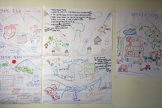 수강생들이 현지에 가서 실제로 할 지역개발운동을 가정해 그린 그림과 계획들 