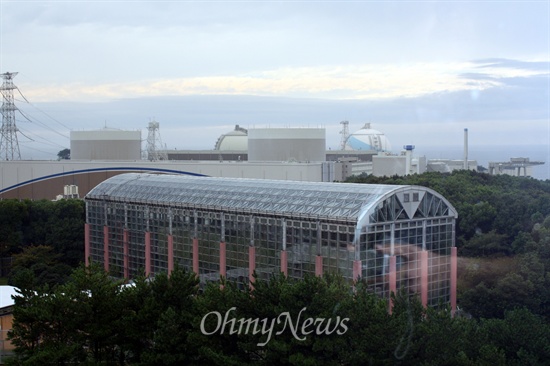규슈전력이 운영하는 겐카이 원전. 식물원 뒤로 4기의 원전이 보인다. 돔형 지붕인 원전이 나중에 지어진 3, 4호기. 앞의 건물은 식물원.