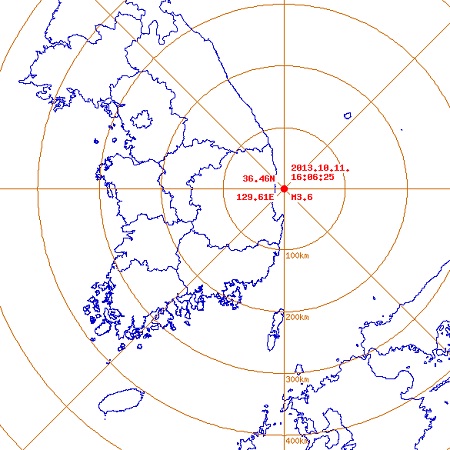 11일(금) 오후 4시 6분 25초경 경북 영덕군 동북동쪽 22km 해역에서 규모 3.6 지진이 일어났다. <자료=기상청>
