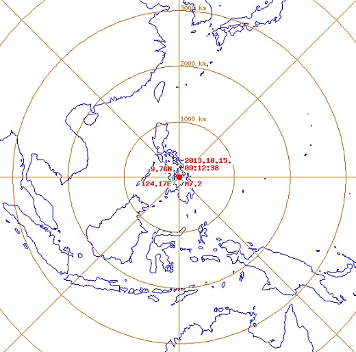 15일 오전 09시 12분 38초께 필리핀 타그빌라란 북동쪽 33km 인근 지역에서 규모 7.2의 강진이 발생했다. <자료=기상청> 