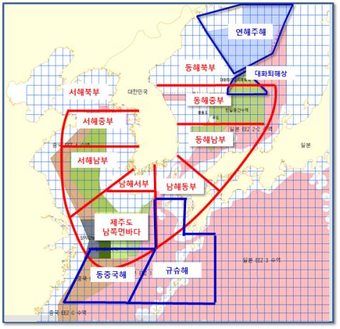 파란색으로 표시된 구역은 원해상 광역 예보구역으로 주로 우리 국민의 어로 활동을 지원하기 위한 목적으로 설정한 구역이다. 