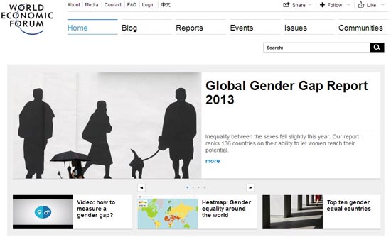 '2013년 세계 성 격차 보고서'를 발표한 세계경제포럼 홈페이지