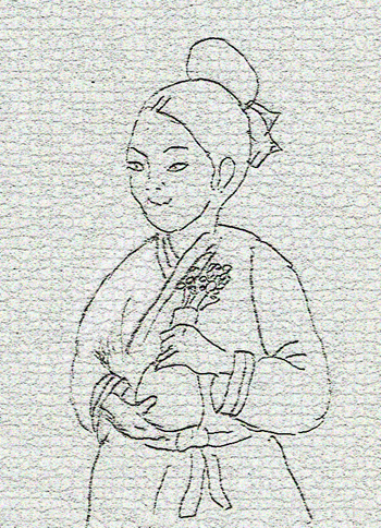 고려시대 여인의 모습 중 하나를 묘사한 연필 스케치. 
