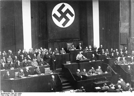 1933년 독일 의회에서 수권법 통과를 역설하는 히틀러. 사민당과 공산당의 반대에도 중앙당, 독일국가인민당 등 다른 야당들의 협조로 수권법이 통과되면서 나치당의 일당독재가 '합법적'으로 이루어졌다. 그 결과 수권법을 반대한 공산당과 사민당 뿐 아니라 법안 통과에 협조했던 중앙당, 독일국가인민당 등은 감옥에 가지 않기 위하여 스스로 정당해산서를 써서 내면서 역사속으로 사라지는 비운을 맞아야 했다.