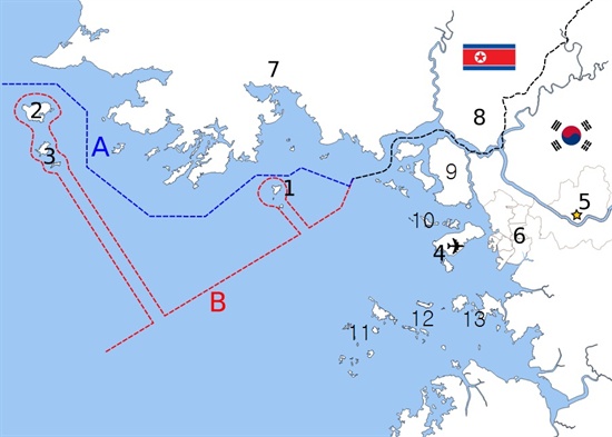 A : 북방한계선(NLL), B : 서해 해상 군사분계선