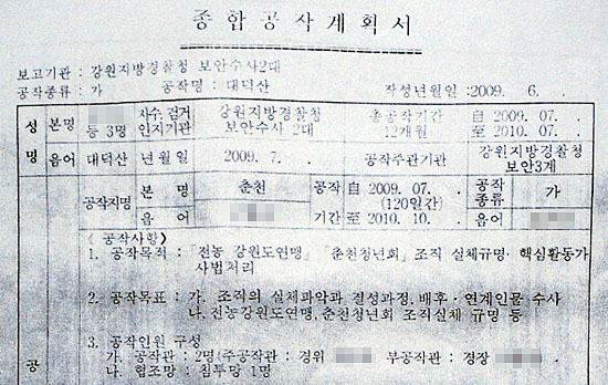 전농강원도연맹 등을 대상으로 한 종합공작계획서 내용 일부.