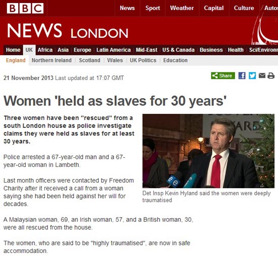 30년간 감금되어 노예 생활을 해온 여성 3명의 구출 사건을 보도하는 영국 BBC 갈무리