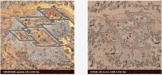 17~18세기 무렵 일본에서 제작된 <도산전투도> 모사본 중 나베시마보효회가 소장하고 있는 것(왼쪽) 과 이번에 울산에서 전시되는 사카모토 고로의 개인 소장본