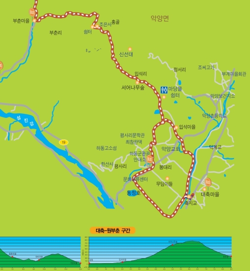 지리산 둘레길 공식사이트(http://www.trail.or.kr)에서 다운로드 한 간이지도, 지도에는 표시되어 있지만 현지 둘레길에는 안내 표지판이 없어 마땅한 쉴 곳도 점심 식사장소도 놓치기 쉬웠다.