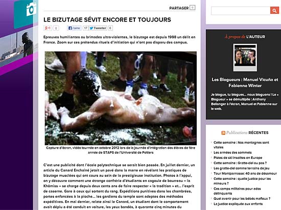 달걀과 밀가루, 기름이 범벅이 된 채 알몸으로 기어가고 있는 신입생 모습을 담은 영상이 프랑스에서 논란이 되기도 했다. 화면은 해당 영상을 소개한 기사. 
