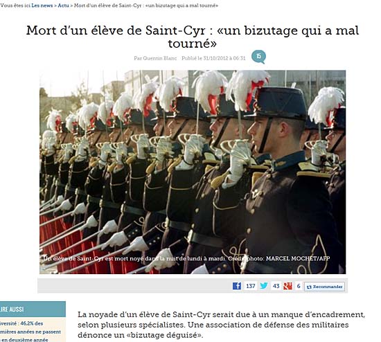 <르피가로>의 'St-Cyr 군사학교 학생 사망, 비주타주 희생'이란 제목의 기사 
