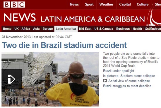  브라질월드컵 개막전이 열릴 상파울루 경기장 신축 현장의 붕괴사고를 보도하는 영국 BBC 갈무리.