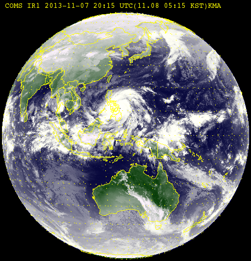 필리핀 상륙 직전의 슈퍼태풍 ‘하이옌’ 구름영상 (2013.11.8 오전 5시 15분) <출처 = 기상청>