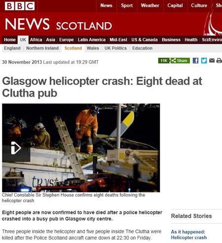 스코틀랜드 글래스고의 경찰 헬리콥터 추락 사고를 보도하는 영국 BBC 갈무리.