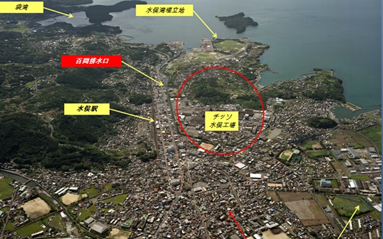 미나마타병의 근원이 된 수은을 무단방류한 짓소공장(붉은 원안)이 있는 미나마타시 항공사진 