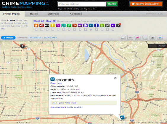 LA는 lapdonline.org 사이트를 통해 각 범죄유형별로 어느 장소에서 사건이 발생했는지 보여주고 있다. ‘SC'는 강간(Rape)을 나타내는 기호다. 