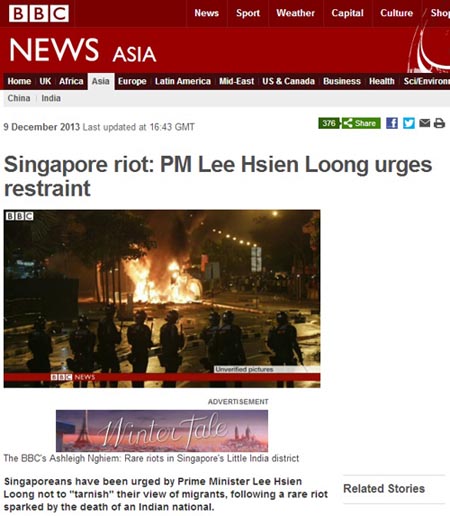 싱가포르에서 일어난 외국인 노동자 폭동을 전하는 영국 BBC뉴스 갈무리.