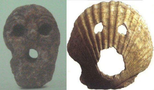      사진 왼쪽이 이키섬 하루노츠지 유적에서 발굴된 인면석이고, 오른쪽 사진이 부산 동삼동에서 발굴된 사람 얼굴무늬 조개껍질입니다. 
