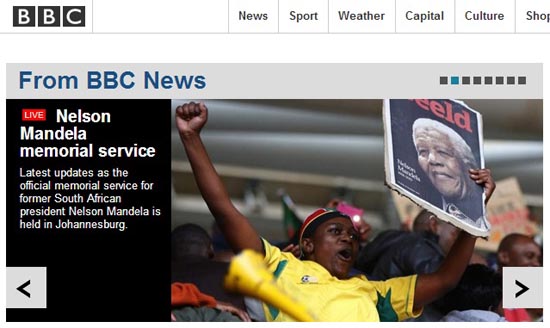 넬슨 만델라 전 남아공 대통령의 영결식을 생중계하는 영국 BBC 갈무리. 