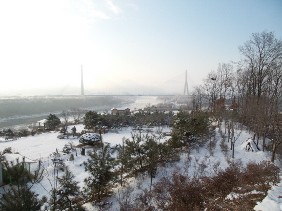  굼굴산 밑 우리 집에서 바라보이는 풍경. 임진강과 남계리 벌판, 동이1교가 한눈에 바라보인다. 