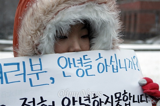 대선 1주년인 19일 오후 5시 전남대 학생들이 광주 북구 전남대 도서관별관 앞에 모여 스스로 쓴 '안녕들 하십니까' 대자보를 선보였다. 김주희(21)씨가 눈이 오는 가운데 자신이 쓴 대자보를 들고 있다.