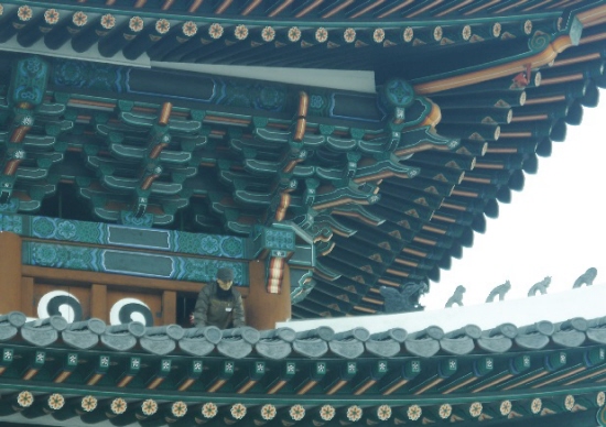 문화재청 직원이 숭례문 2층 문루 위에서 기와 및 단청상태를 점검하고 있다.
