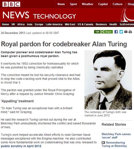 영국 정부의 앨런 튜링 특면 사면을 보도하는 BBC뉴스 갈무리.