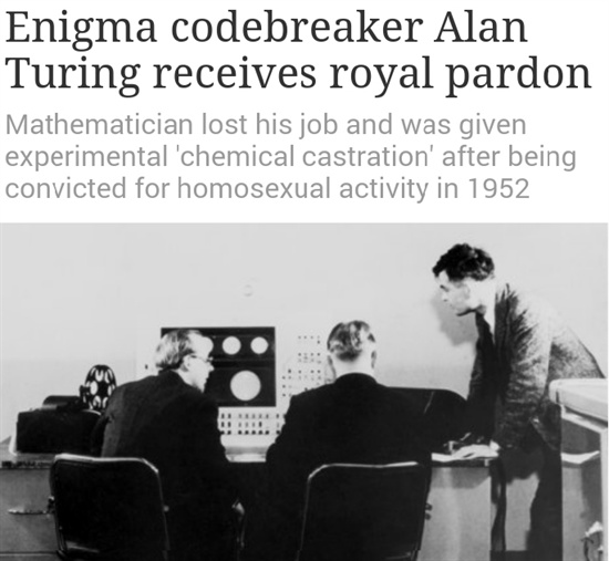 앨런 튜링(Alan Turing, 오른쪽)이 동료들과 함께 페란티 마크1(Ferranti Mark1) 컴퓨터에서 일하고 있다. 사진 출처는 Science & Society Picture Library.
