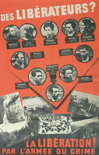 1944년 공산주의 무장항쟁 집단 '마누시앙'의 사형집행을 알리는 나치의 붉은 포스터. 